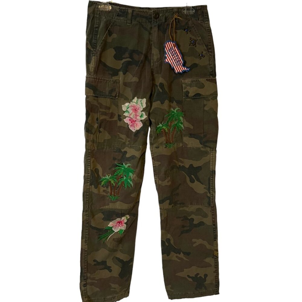 Camo Cargo Pants Womens Waist 27 Size 4 - 6 Floral Embroidered Tie Hem Western